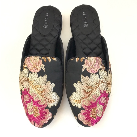 BIRDIES Phoebe Embroidered Floral Jacquard Slipper Mules Flats in Black Size 8 - Picture 4 of 16